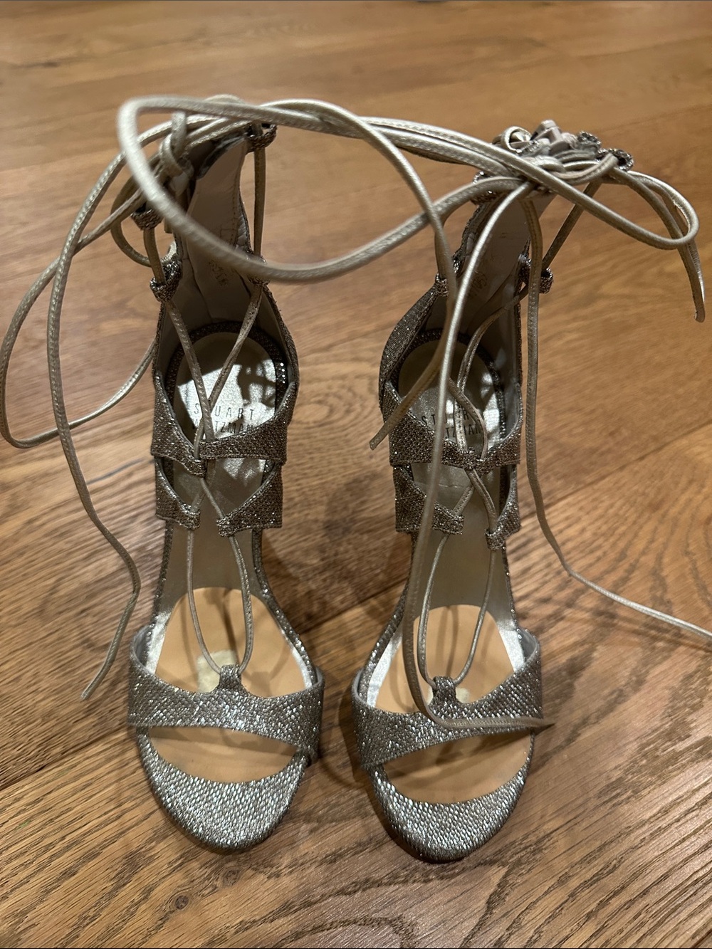 Stuart Weitzman Silver Glitter Lace-Up Stiletto Sandals